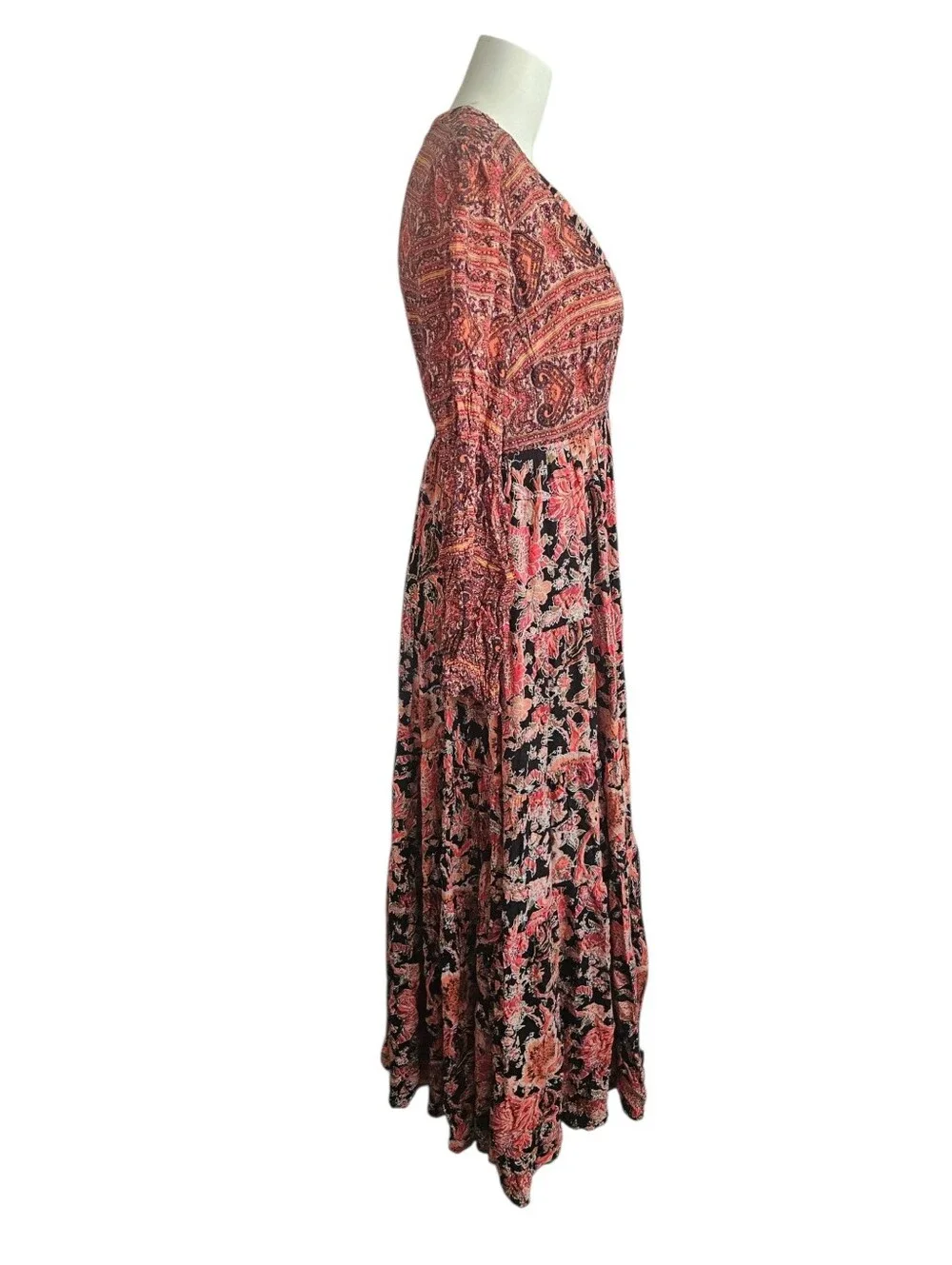 Free People Dove V Neck Long Sleeves Floral‎ Maxi Dress Peasant Country Small